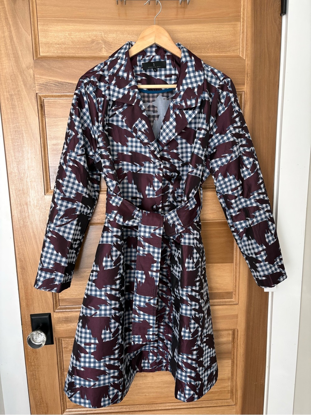Abbey Glass Belted Trench Coat Gingham Leaf Print XL